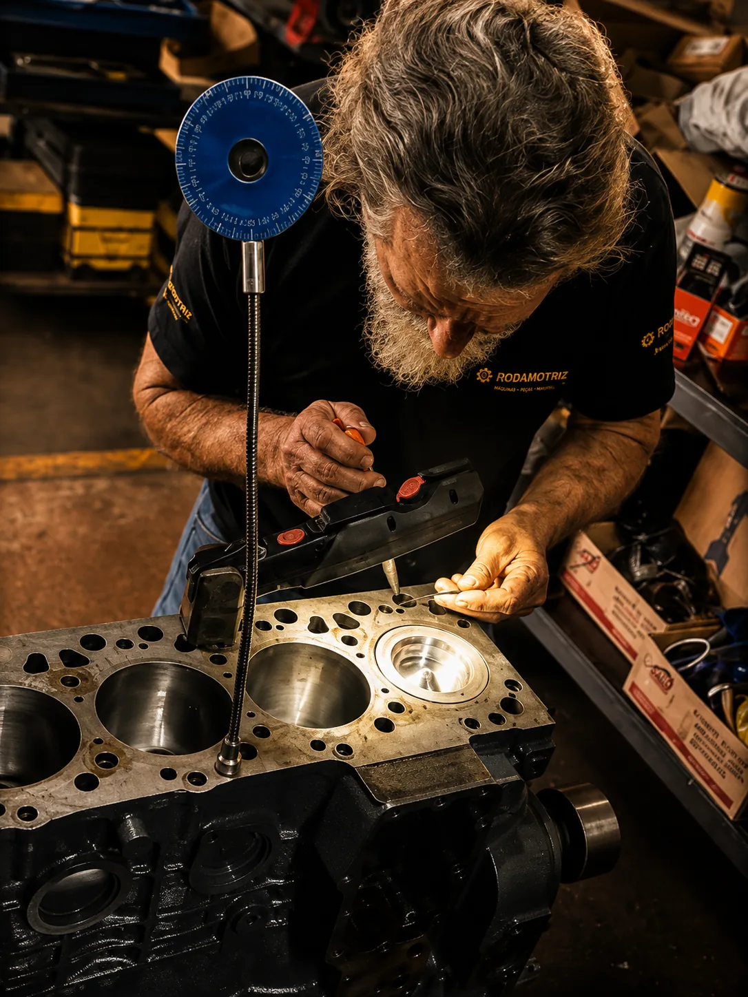 Manutenção de motor de máquina pesada na oficina Rodamotriz